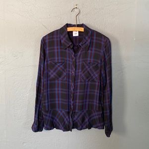 Cabi #3431 Moody Plaid Flannel Peplum Flounce Hem Button Blouse Shirt